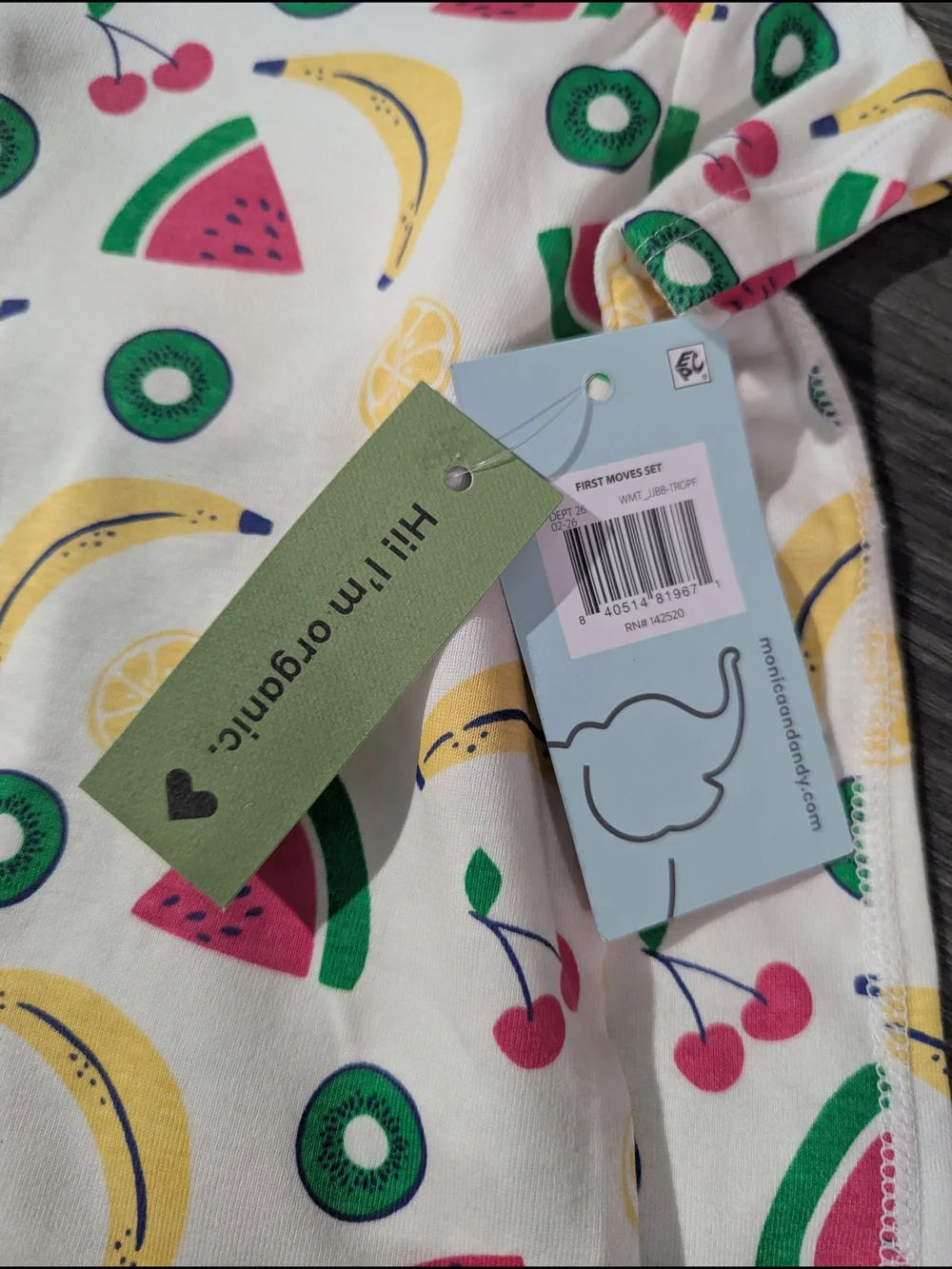 M+O GOTS Certified Organic Cotton Kids Fruit Print Pink-Trim Onesie And Pant Set